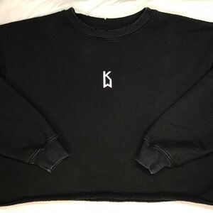 Keep Winning Cropped Sweatshirt Black Distressed Graphic Pullover BAL LA Boxy L